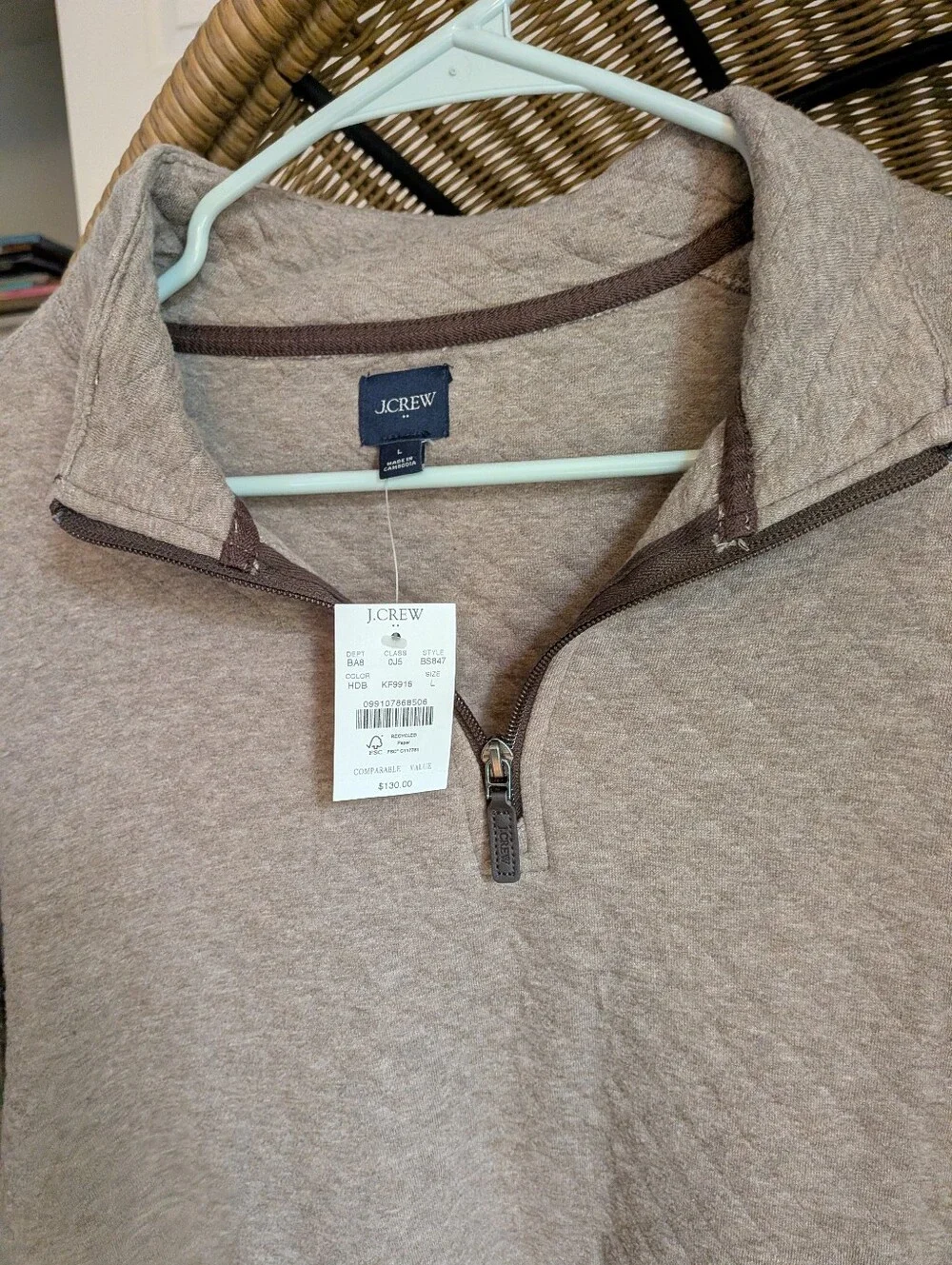 J. Crew Quilted Half-Zip Pullover in Taupe Brown